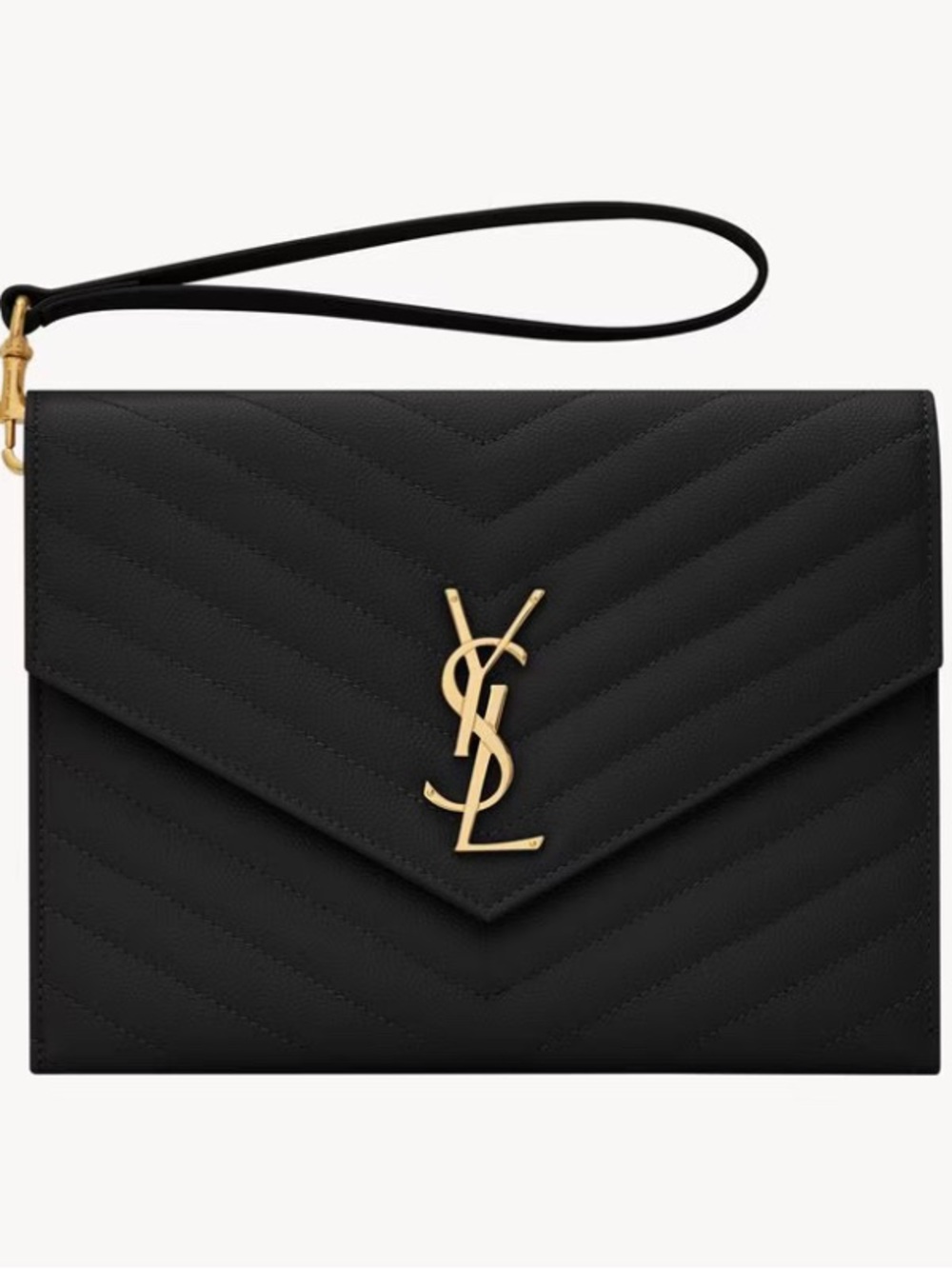 Saint Laurent Black Quilted Leather Wristlet Clutch with Gold YSL Emblem